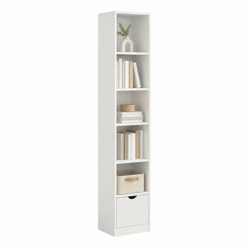 Bücherregal Weiß aus melaminharzbeschichteter Spanplatte 30 x 30 x 180 cm mit 5 offenen Fächern und Türfach