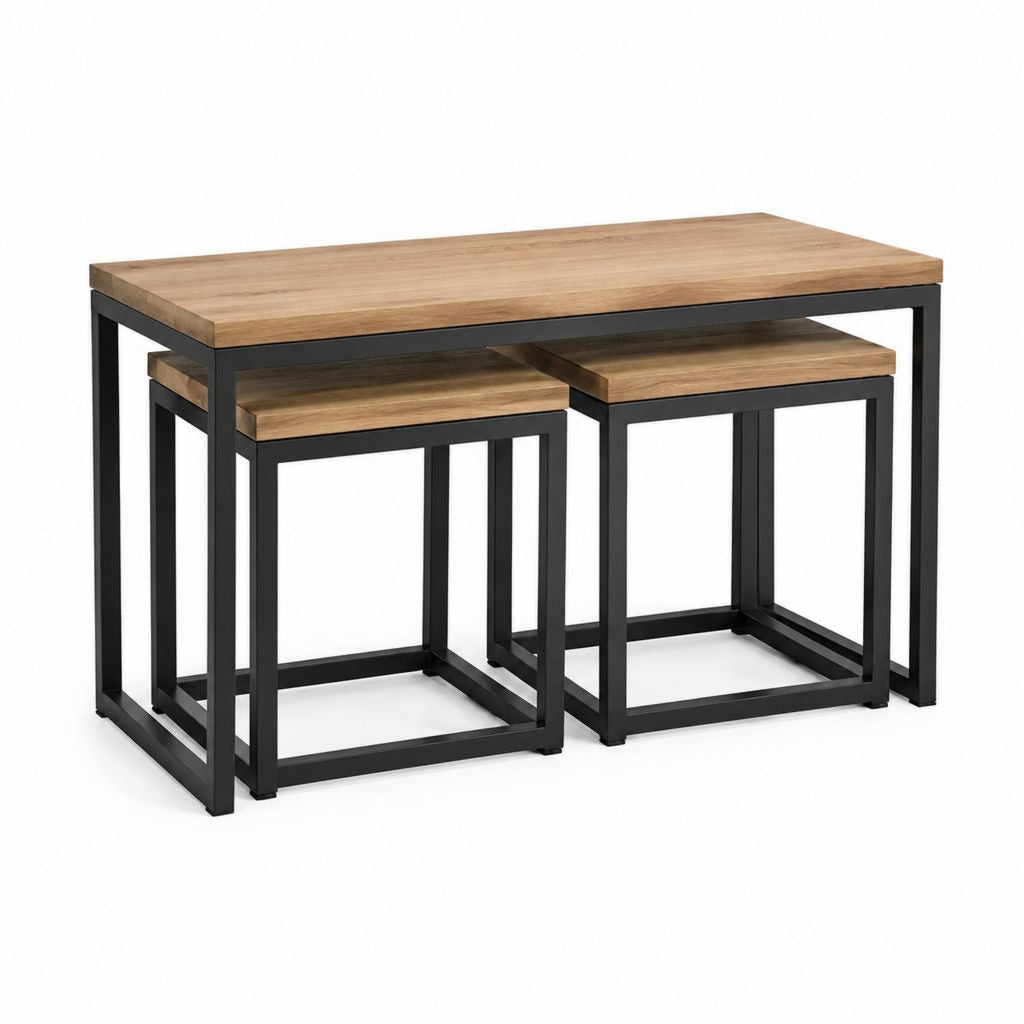 Couchtisch-Set 3-teilig Natur Schwarz Massives Mangoholz Stahl Rechteckig 100 x 60 x 45 cm