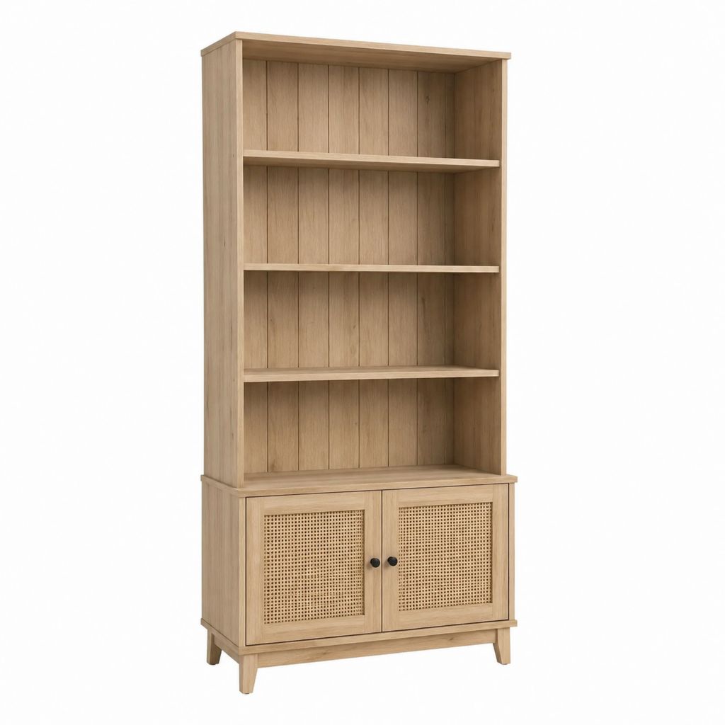 Bücherregal mit 2 Türen Natur Eichenfurnier Rattan rechteckig 90 x 40 x 200 cm