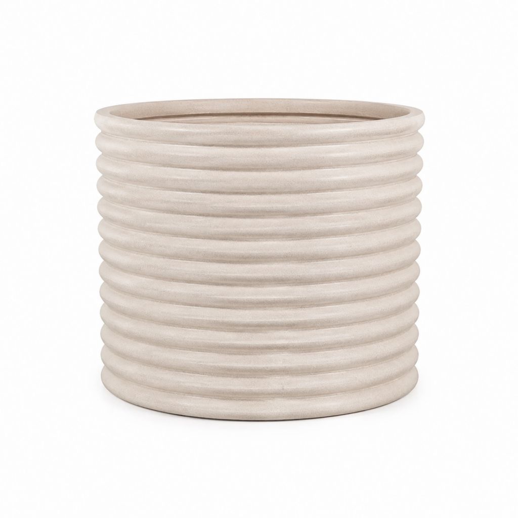 Runder Blumentopf Beige aus Keramik mit Rillen Ø 30 cm Höhe 30 cm