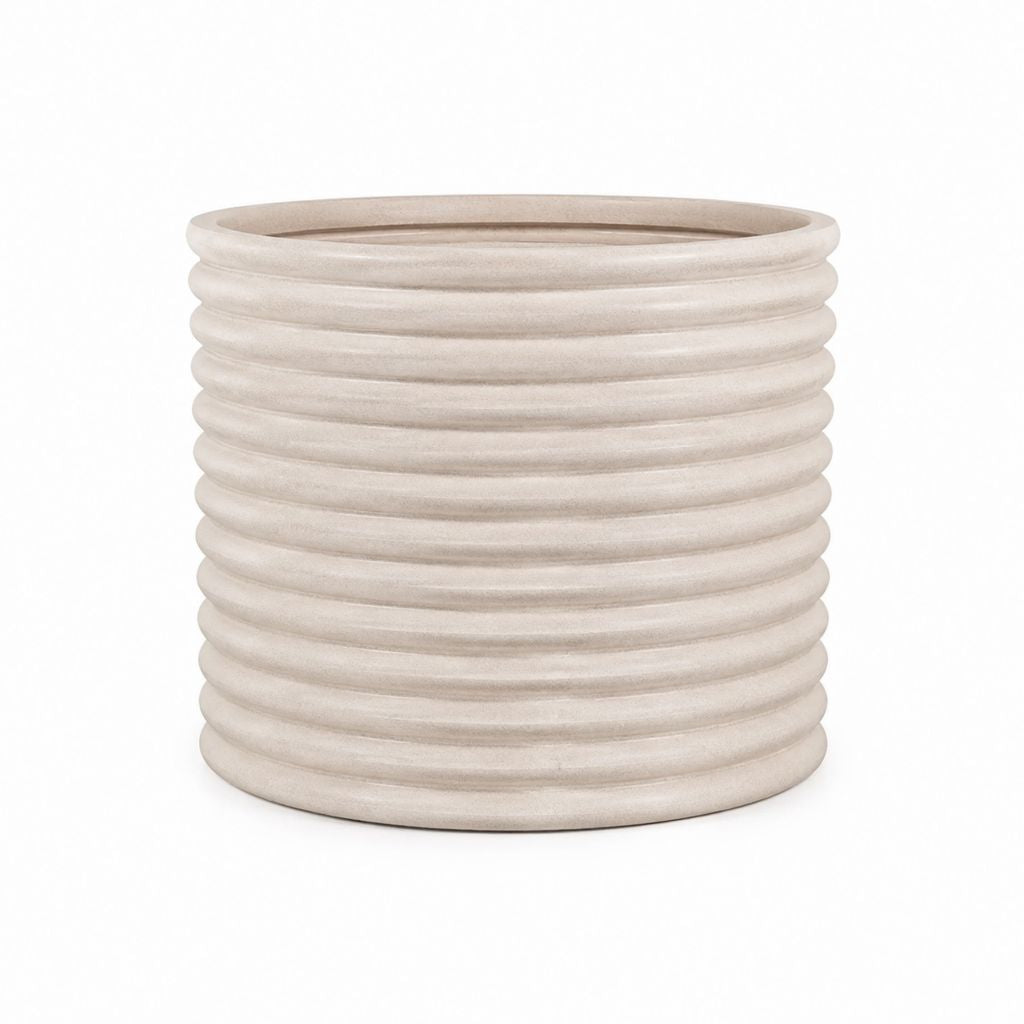 Runder Blumentopf Beige aus Keramik mit Rillen Ø 30 cm Höhe 30 cm