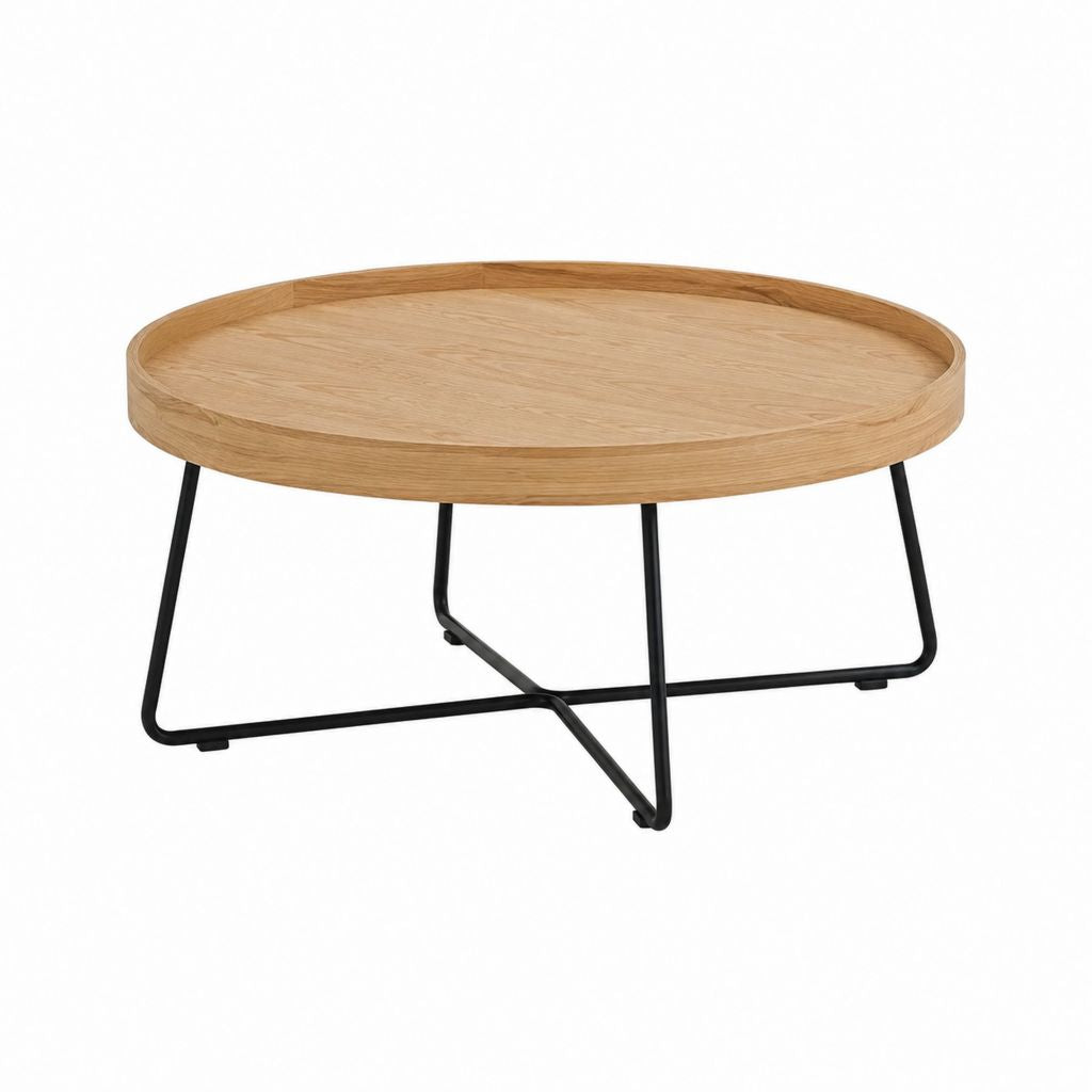 Runder Couchtisch mit Tablettplatte Eiche MDF Stahl Schwarz Ø 80 x 40 cm