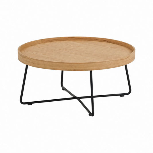 Runder Couchtisch mit Tablettplatte Eiche MDF Stahl Schwarz Ø 80 x 40 cm