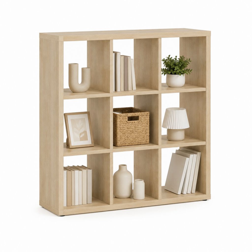 Bücherregal 9 Fächer Eiche hell melaminharzbeschichtete Spanplatte rechteckig 90 x 30 x 120 cm